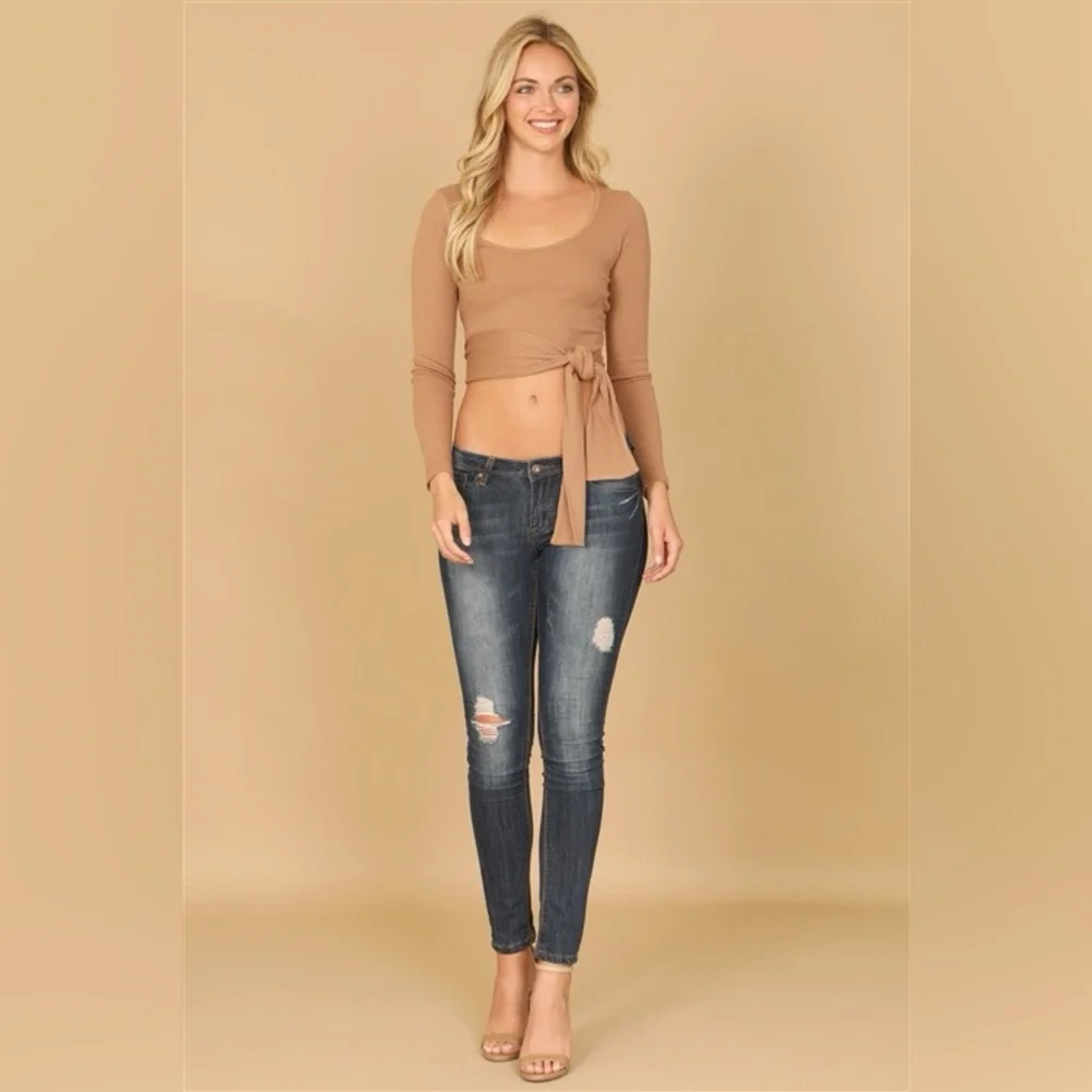 Tan Ribbed Tie-Front Crop Top Nwot - Picture 3 of 8